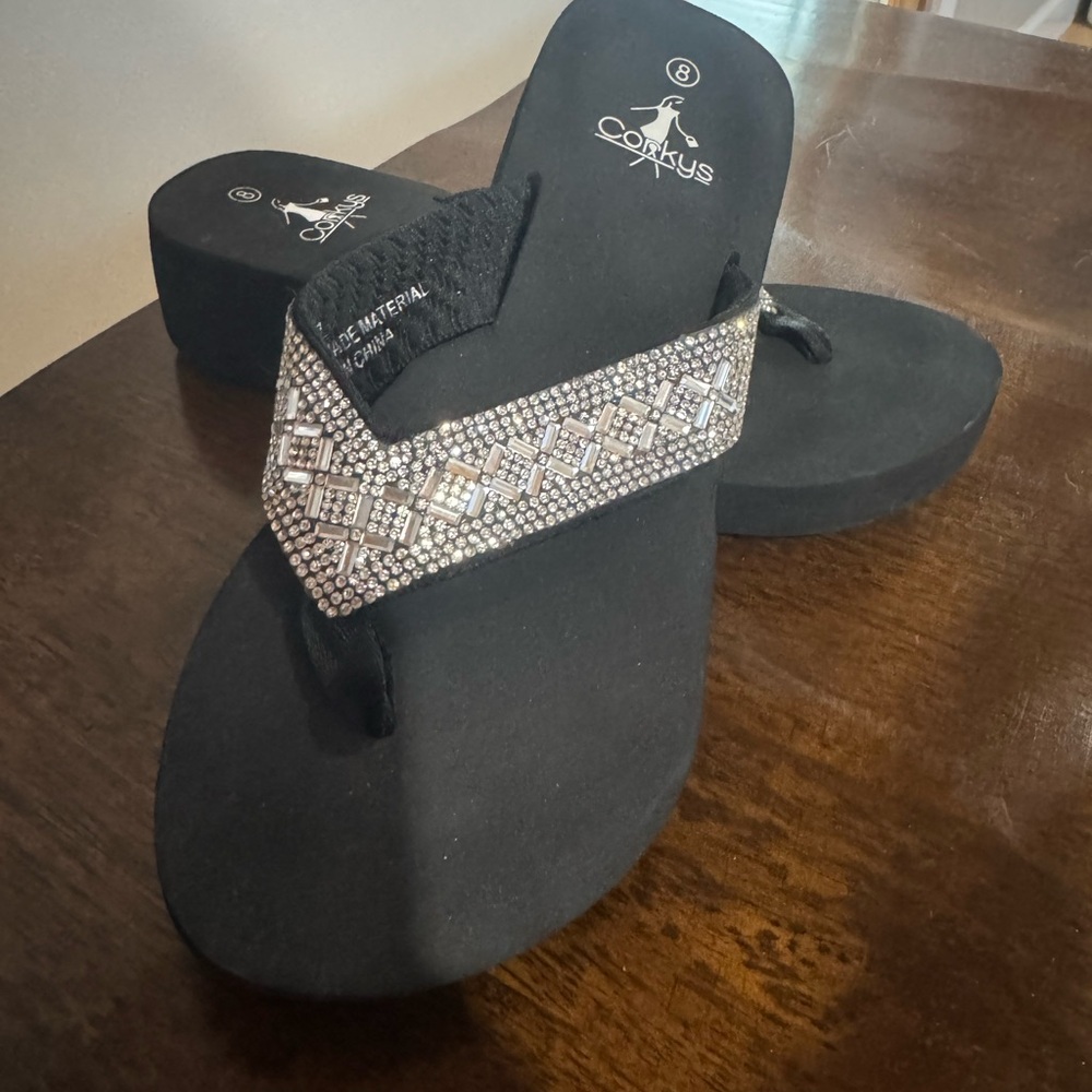 Corkys Black Rhinestone V-Strip Wedge Sandals
